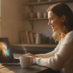 Vrouw aan de keukentafel werkt met een laptop in ochtendlicht