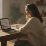 Vrouw aan de keukentafel werkt aan een creatief beeldproject op haar laptop