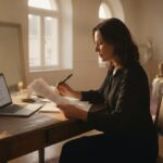 Schrijfster leest geprinte tekst aan een bureau in zonlicht