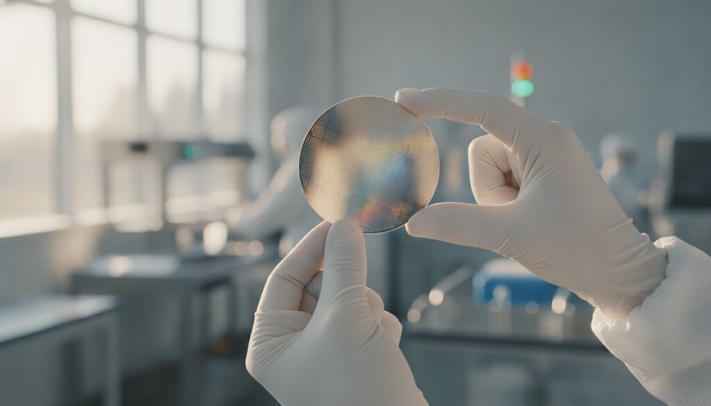 Siliciumwafer in handen van een medewerker in een chiplab