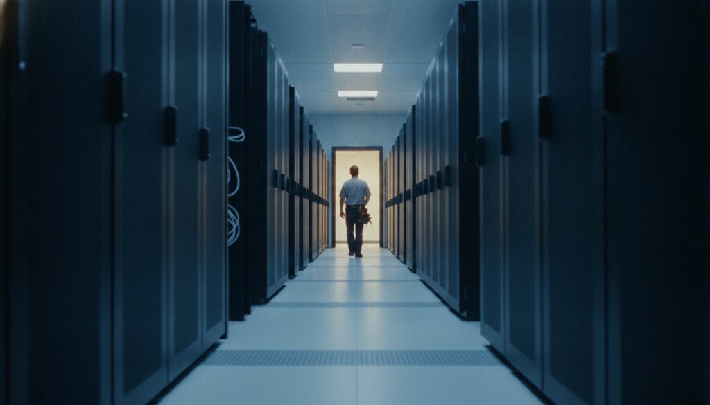 Gang met serverkasten in een groot datacenter