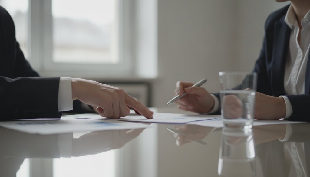 Twee zakenmensen in gesprek over documenten aan een vergadertafel