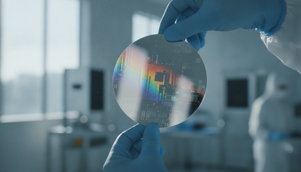 Handen in handschoenen houden een siliciumwafer vast in een cleanroom