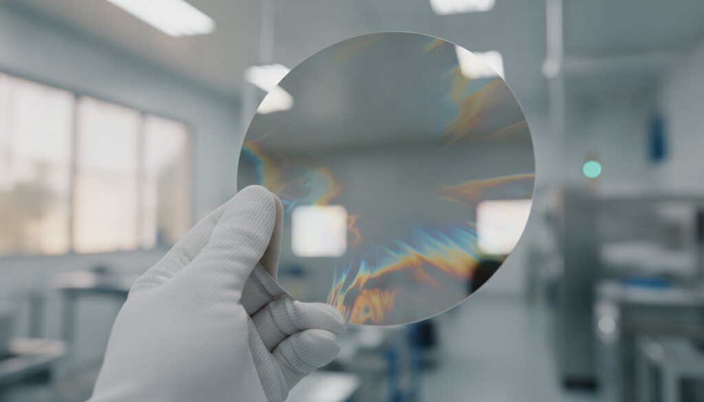 Hand met handschoen houdt een siliciumwafer vast onder zacht licht in een halfgeleiderfabriek