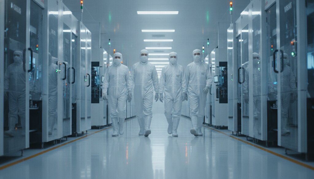Technici in cleanroompakken lopen langs rijen chipmachines in een fabriek