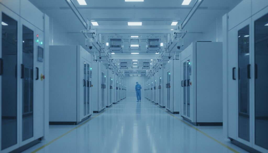 Lange gang in een moderne chipfabriek met bovenliggende transportrails en machines