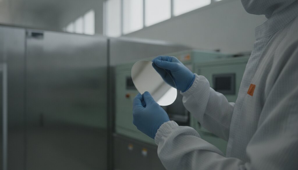 Technicus houdt een siliciumwafer vast in een chipfabriek