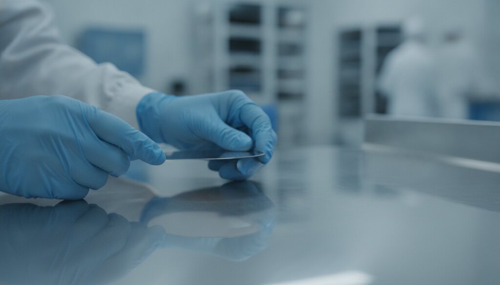 Handschoenen houden een siliciumwafer vast in een cleanroom voor chipproductie