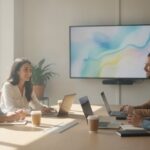 Team overlegt in een vergaderruimte met een videoschermverbinding