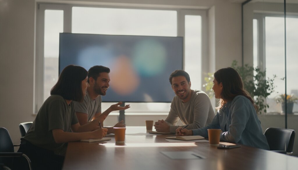 Team bespreekt een presentatie aan een vergadertafel