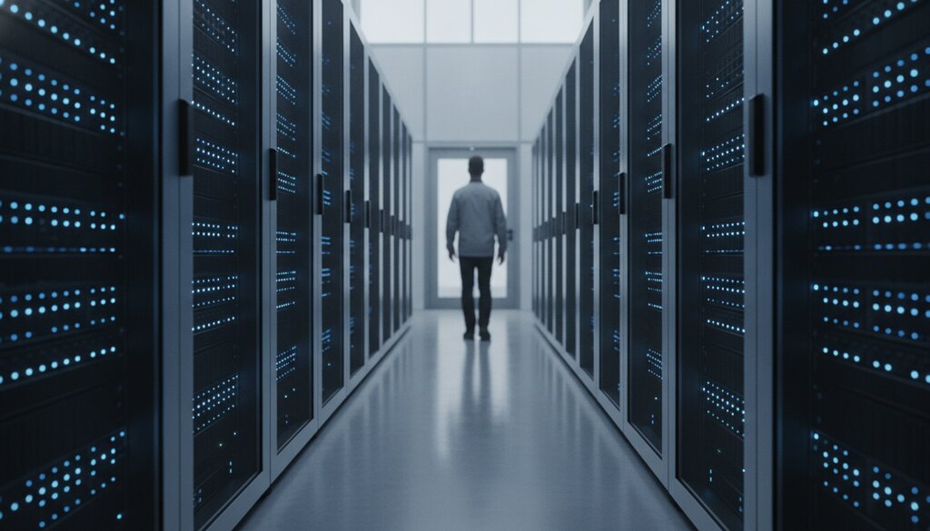 Technicus loopt door een gang van een datacenter met serverracks en blauwe indicatielampjes