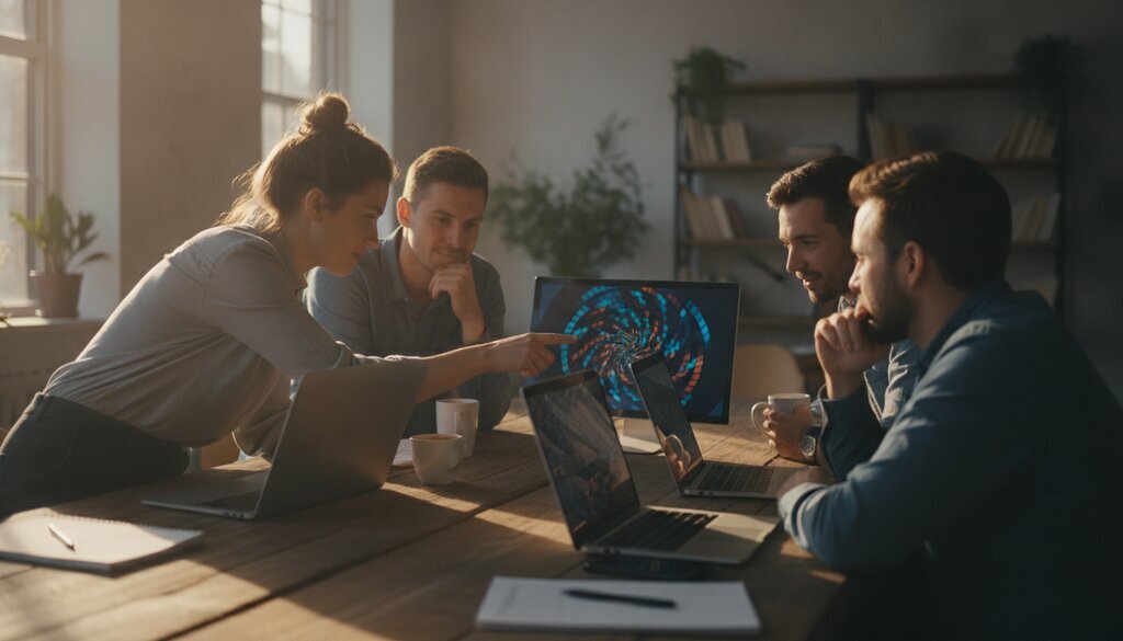Ontwikkelaars overleggen aan een houten tafel met laptops in een zonnig kantoor