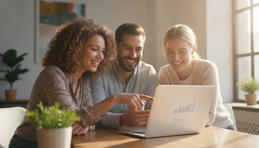Collega's bespreken resultaten rond een laptop in een zonnig kantoor