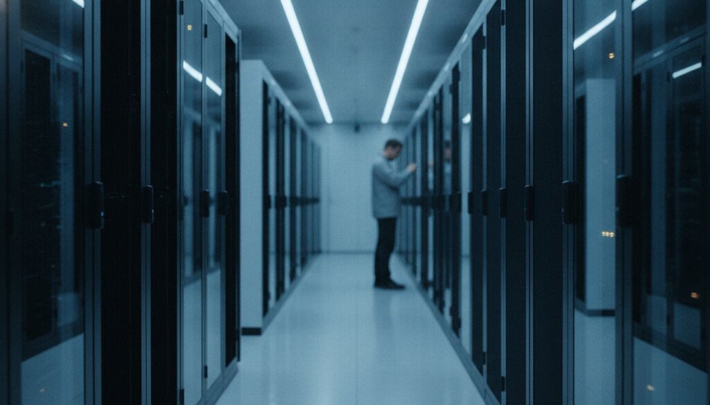 Serverhal van een datacenter met rijen serverracks in blauw licht