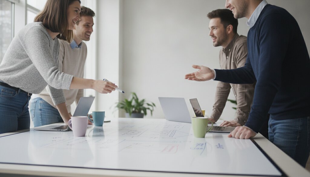 Ontwikkelteam overlegt rond een whiteboardtafel met laptops