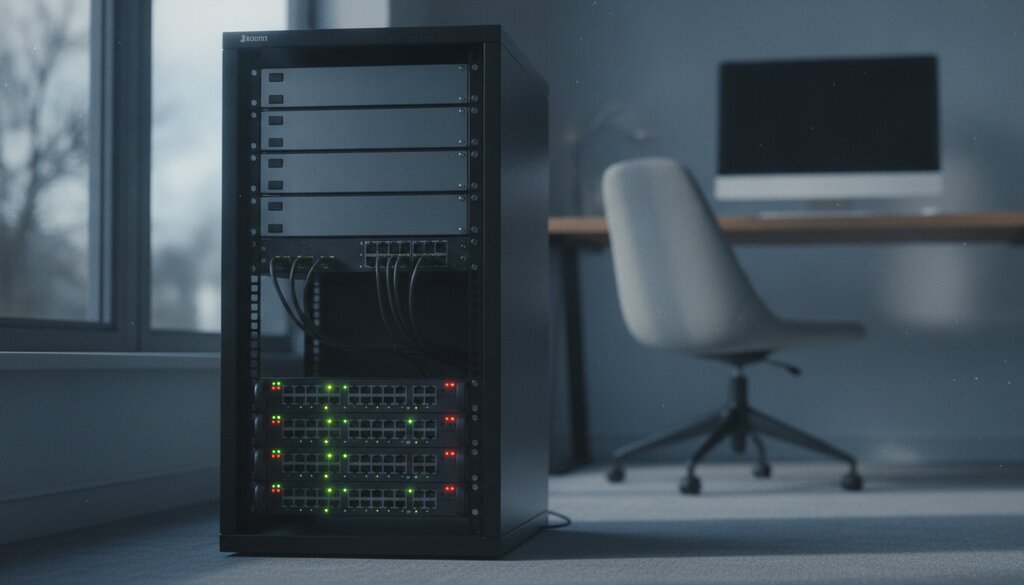 Klein serverrack met knipperende statuslampjes in een kantoorhoek
