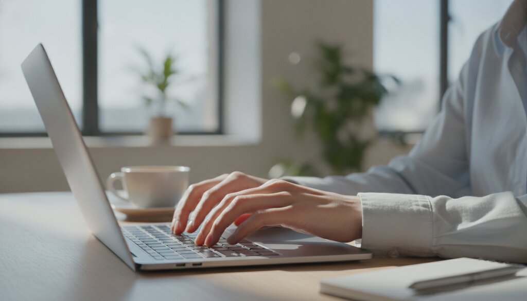 Close-up van handen die typen op een laptop in een coworking space