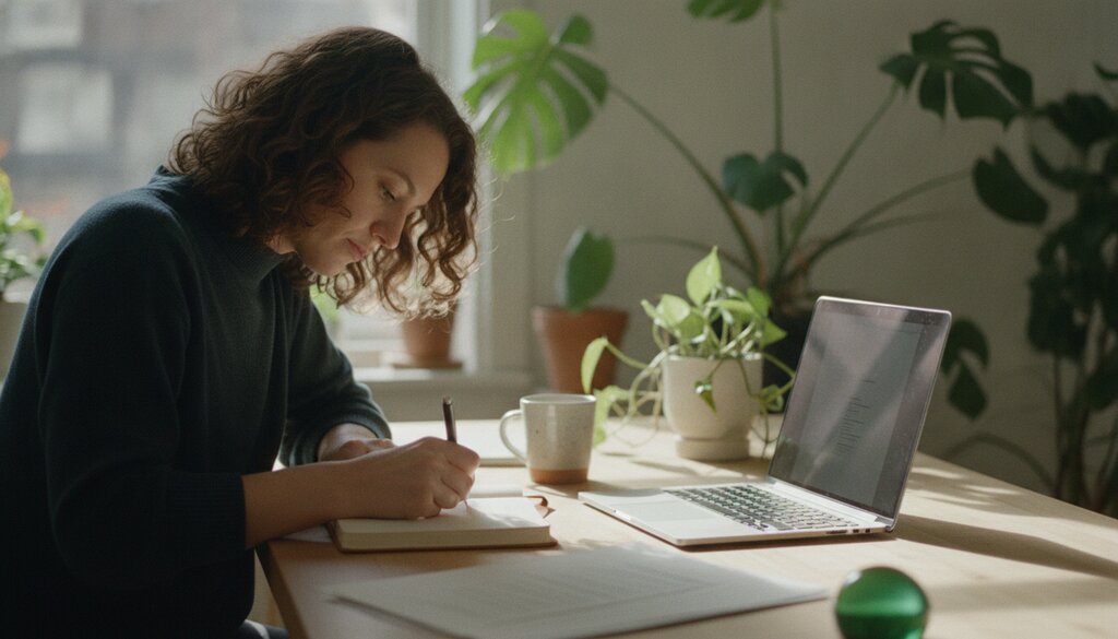 Notitieboek naast een laptop op een opgeruimd bureau bij het raam