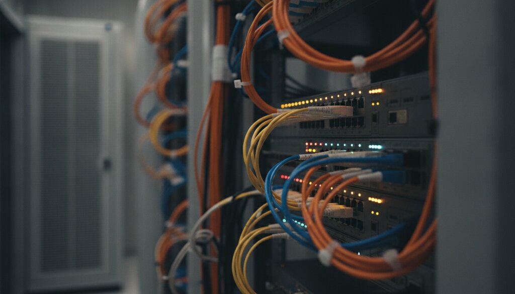 Glasvezelkabels en netwerkapparatuur in een datacenter