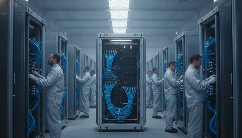 Technici monteren serverracks met vloeistofkoeling in een open stalen container