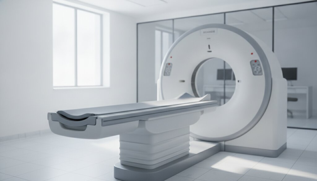 CT-scanner met lege patiententafel in een lichte ziekenhuiskamer