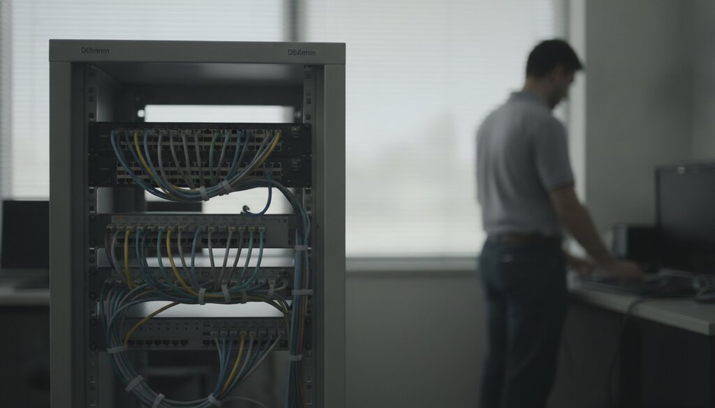 Serverrack met patchkabels in een testlab, technicus onscherp op de achtergrond