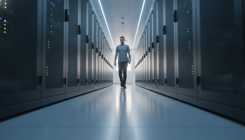 Technicus loopt met laptop door een gang met serverracks in een datacenter
