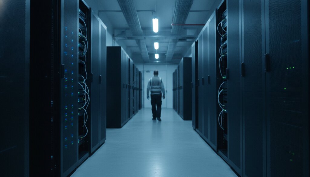 Gang tussen serverkasten met zacht blauw licht en een technicus op afstand