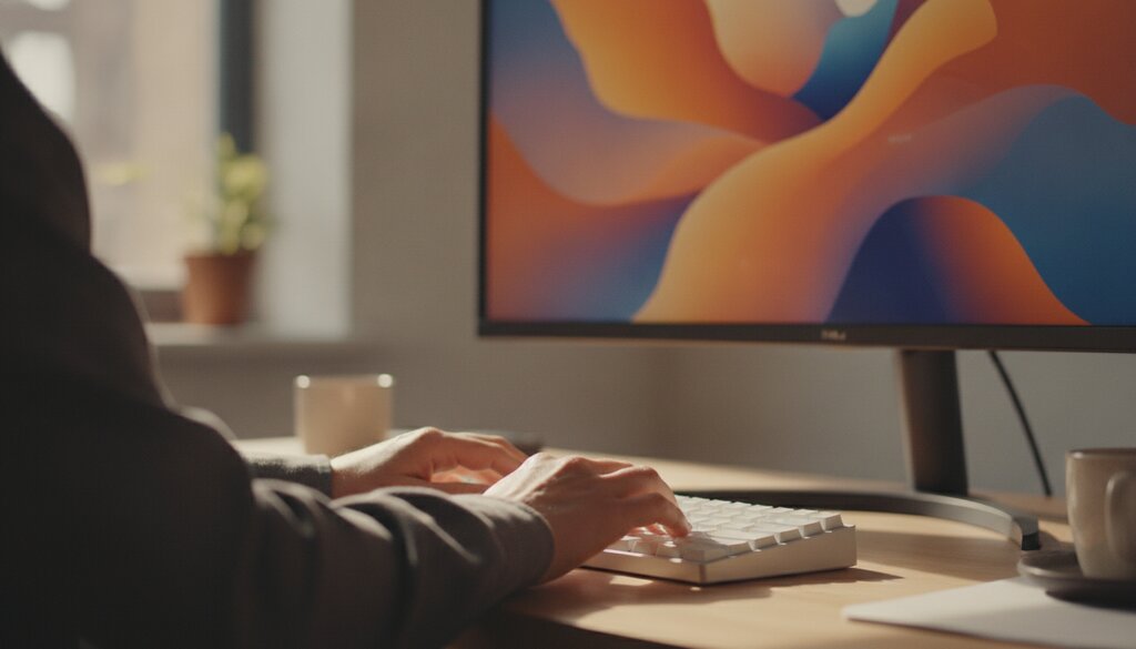 Handen typen op een toetsenbord bij een scherm met datavisualisaties