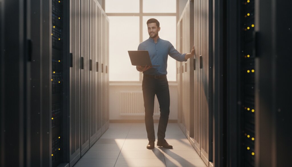 Engineer met laptop loopt door een serverruimte met databaseservers