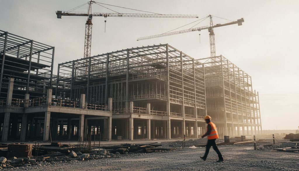 Bouwplaats van een datacenter met staalconstructie en hijskranen