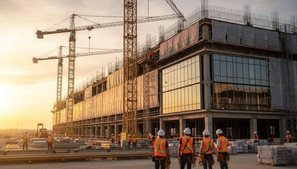 Bouwplaats van een nieuw datacenter met kranen en bouwvakkers bij zonsondergang
