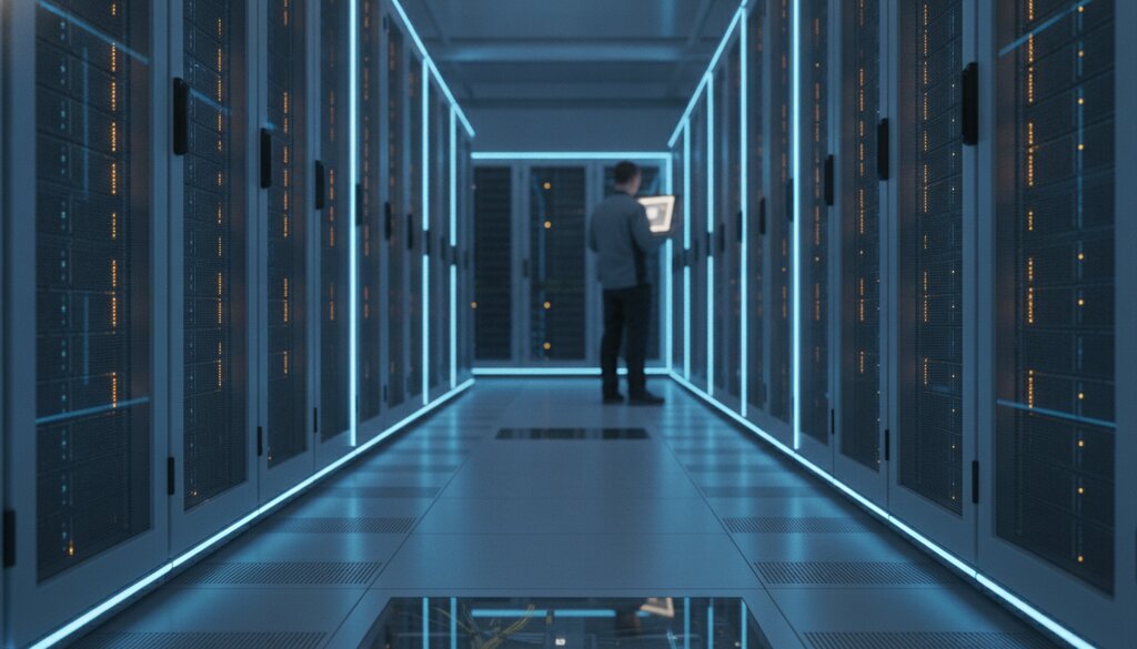 Technicus controleert serverracks in een datacenter