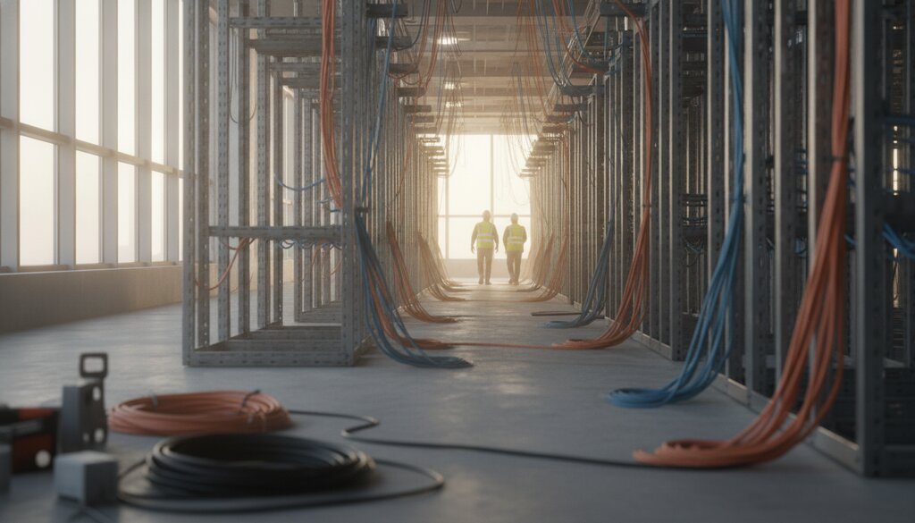 Datacenterhal in aanbouw met half gevulde serverracks en twee bouwvakkers