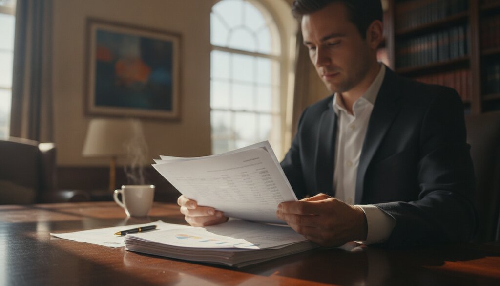 Investeerder leest gedrukte financiele stukken aan een bureau bij het raam
