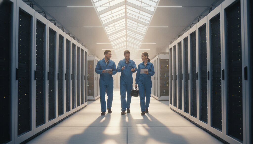 Technici lopen door een gang met serverkasten in een nieuw datacenter