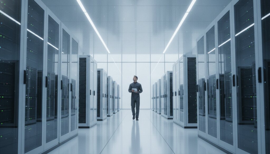 Technicus loopt met een tablet door een lichte datacenterhal vol serverracks