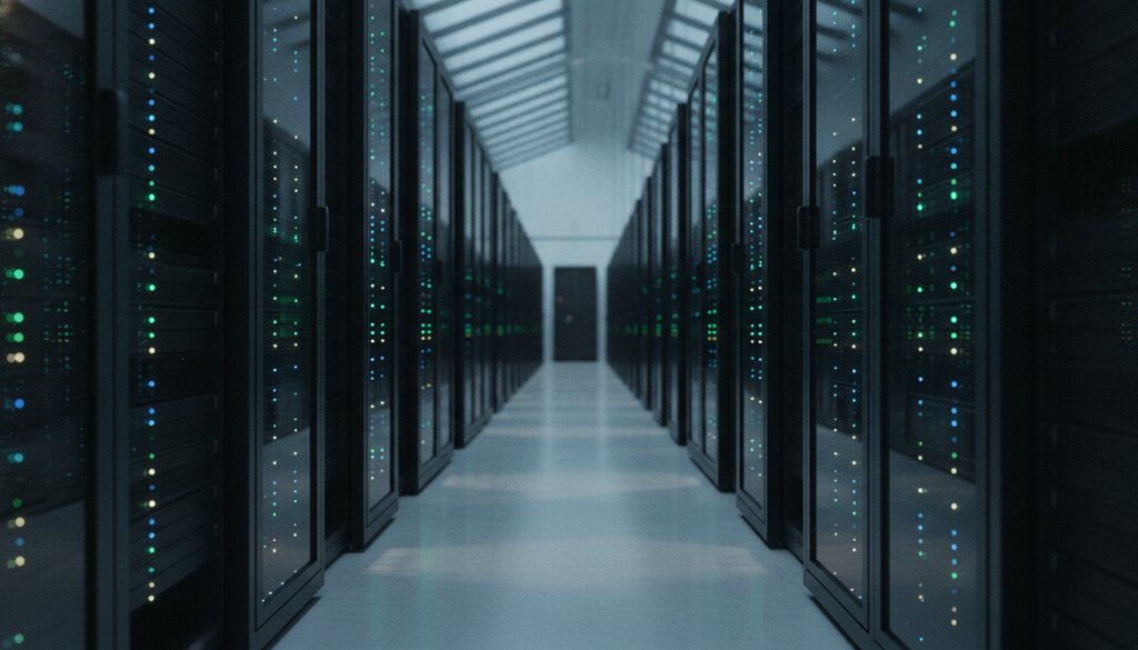 Gangpad met serverkasten in een datacenter