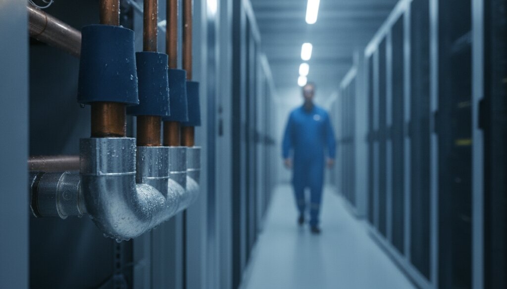 Koelwaterleidingen in een serverhal, technicus op de achtergrond