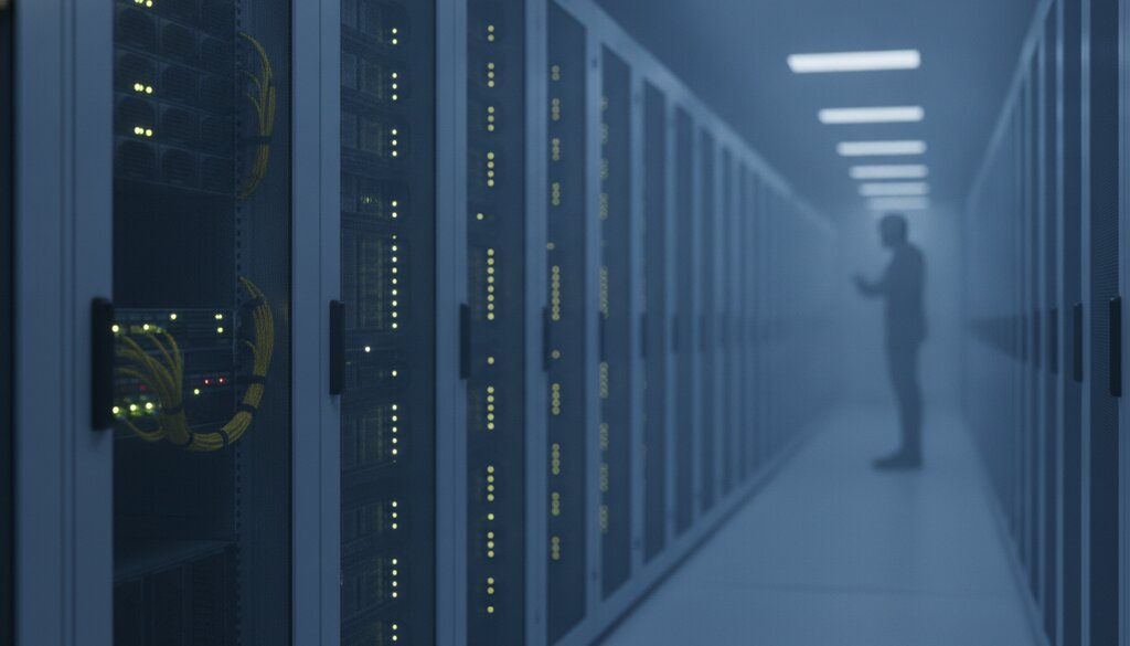Serverrijen in een datacenter met koele verlichting