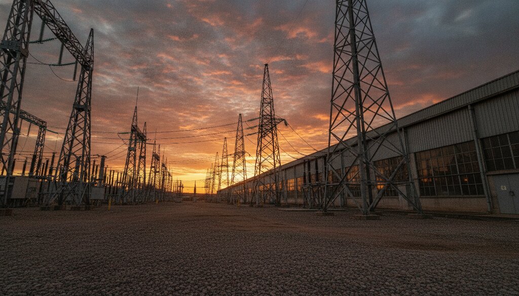 Hoogspanningsstation en pylonen naast een groot datacentergebouw in de schemering