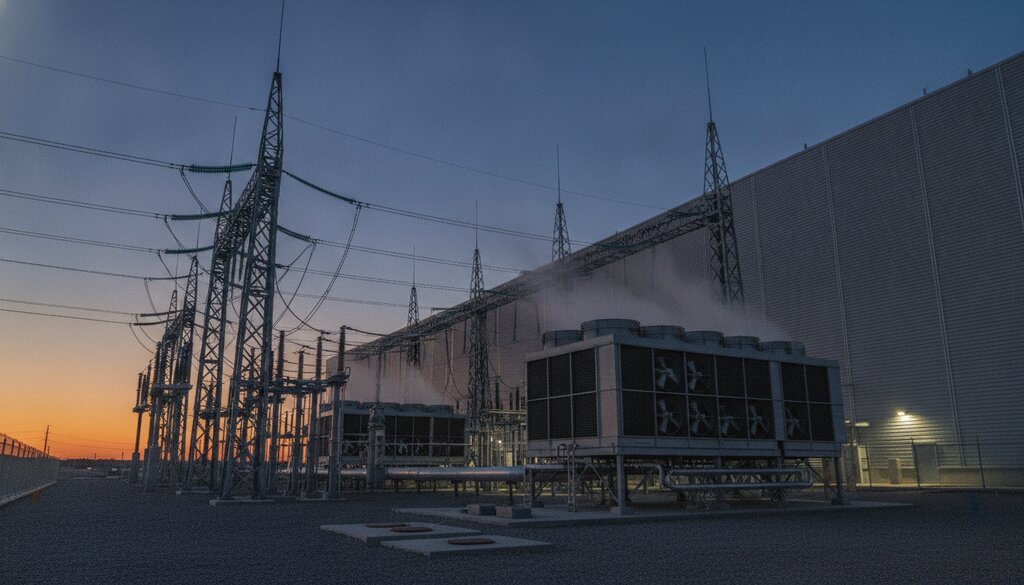 Hoogspanningsstation en koelunits naast een datacenter in de schemering