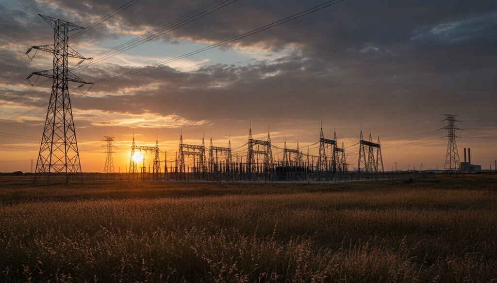 Hoogspanningsmasten en een onderstation op de vlakke grasvlakte van Texas bij schemering