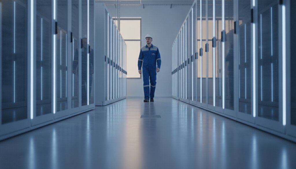 Technicus met helm loopt door een gang tussen serverkasten in een nieuwe datahal