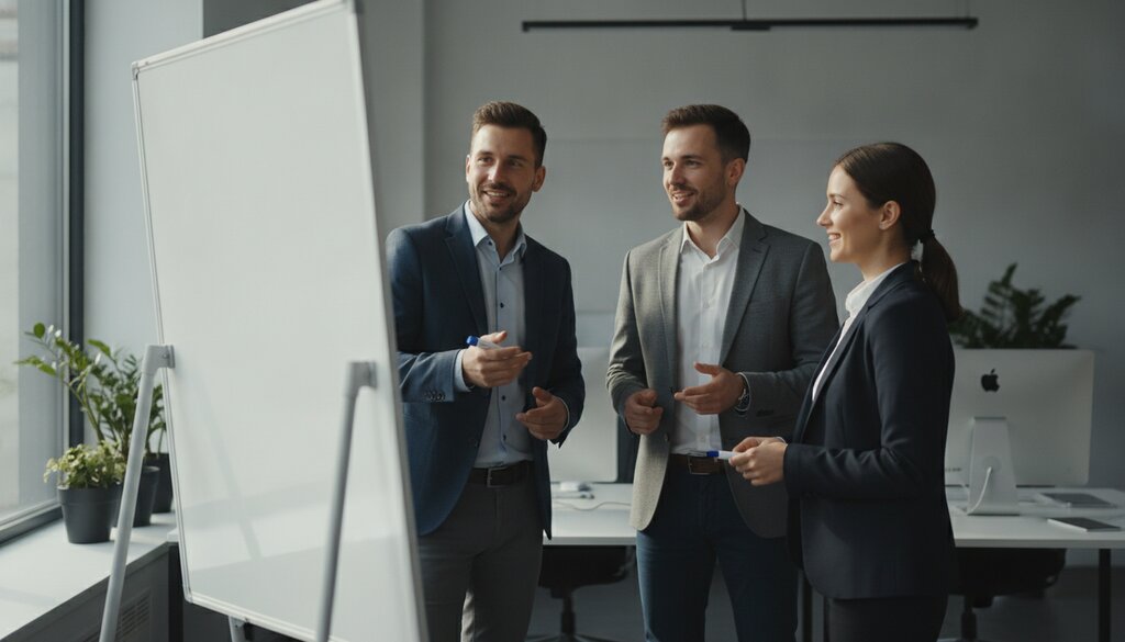 Ontwikkelteam overlegt samen bij een whiteboard op kantoor
