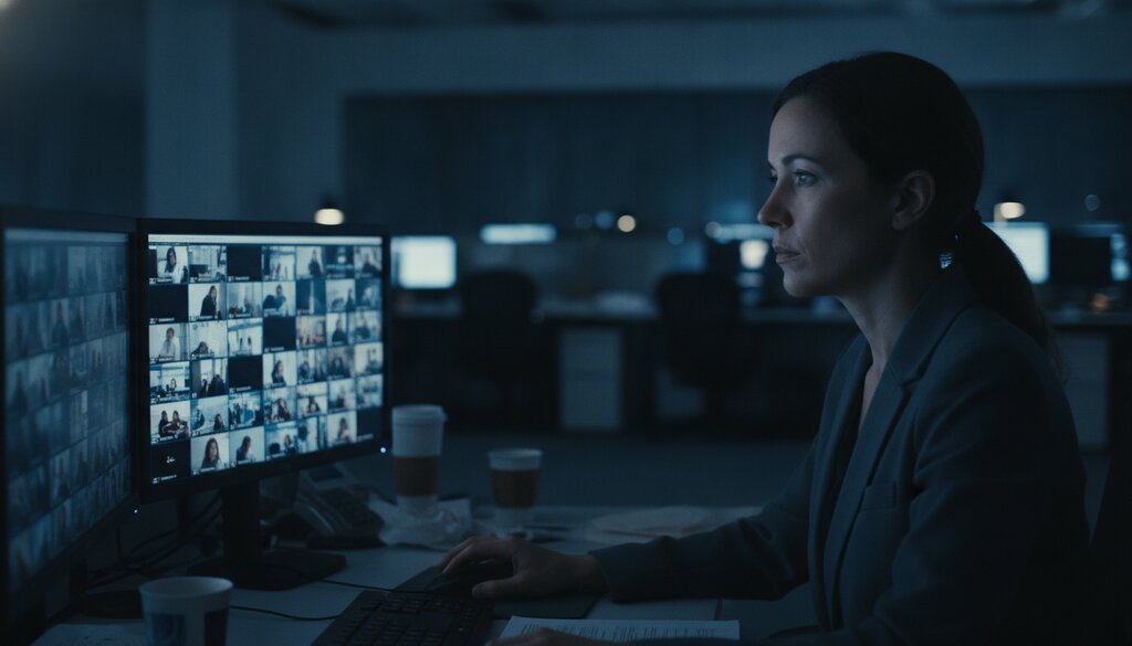 Redacteur controleert tientallen videominiaturen op twee monitoren in een donkere redactie