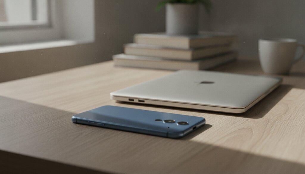 Smartphone met scherm naar beneden naast een dichte laptop op een bureau