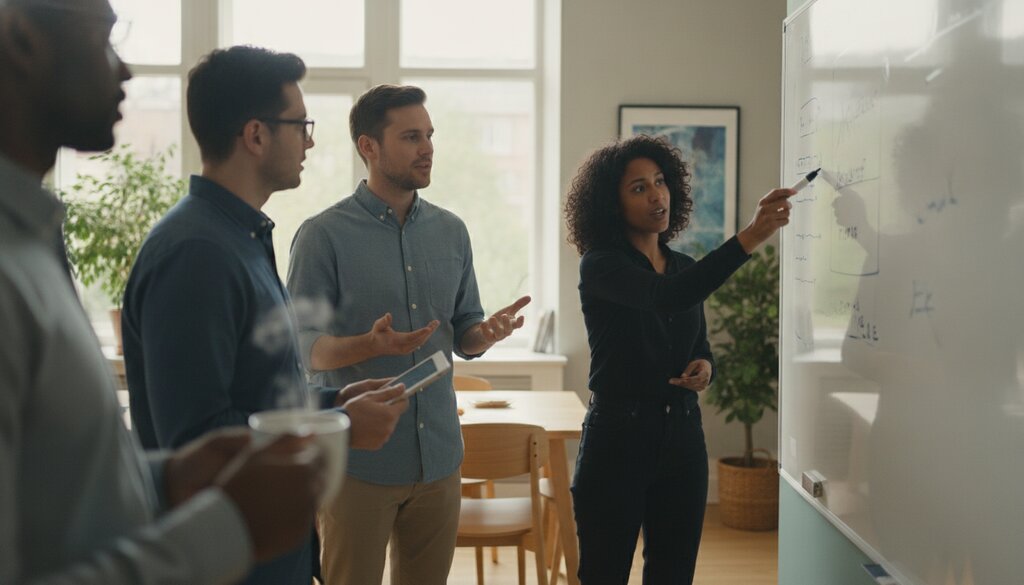 Onderzoeksteam overlegt bij een whiteboard in een lichte vergaderruimte