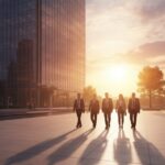 Investeerders lopen bij zonsondergang langs een glazen kantoortoren