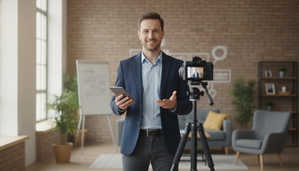 Ondernemer neemt een pitchvideo op voor een camera op statief